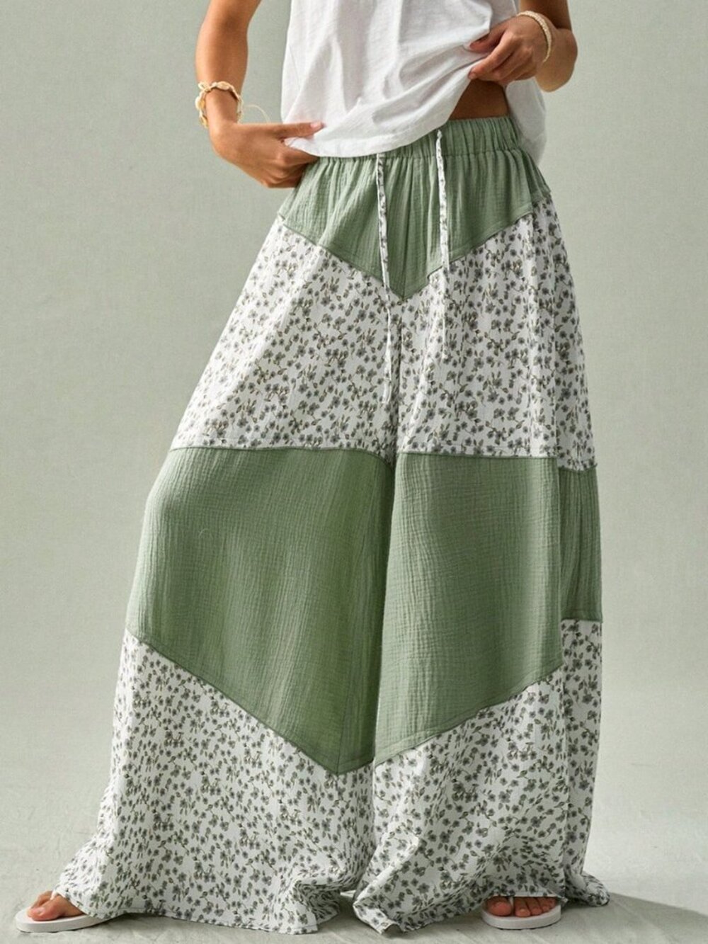 Green Boho Women's Loose Extra Long Wide-Leg Pants